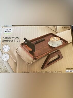 Smart Design Acacia Wood Armrest Tray New